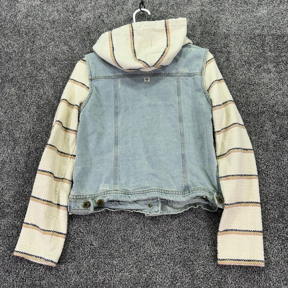 Billabong Jacket Womens Medium Blue Denim Hooded Striped Sleeves Boho Casual - Picture 2 of 14